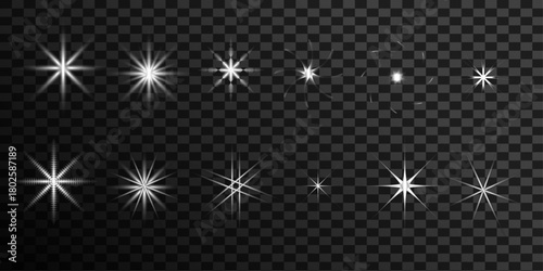 Collection of Glowing Light Effects and Sparkles for Creative Design Projects Shiny Starbursts Glitter Elements and Festive Decorations on Transparent Background