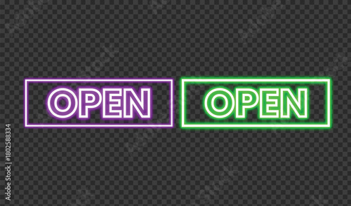 Two neon signs with the word open in purple and green