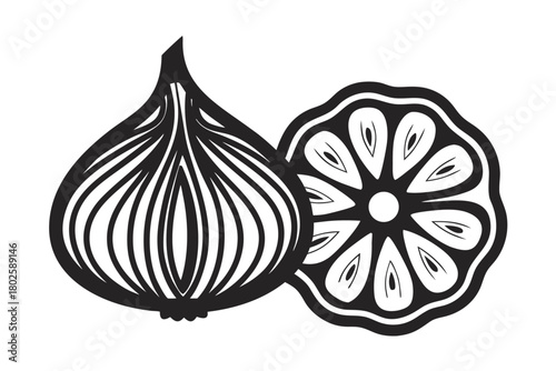 Stylized black and white fig rests beside a lemon slice with patterns