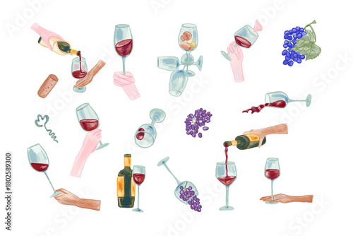 Hand-Drawn Wine Glasses, Bottles, and Grapes Collection