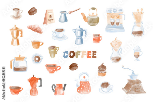Watercolor Coffee Essentials Collection vector 
