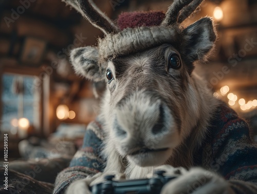 A cute reindeer wearing a Santa hat and holding a game controller inside a cozy cabin, warm firelight and Christmas bokeh creating a funny holiday scene with copy space.