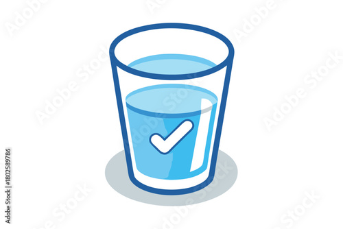 Stylized full glass of water has a check mark indicating purity