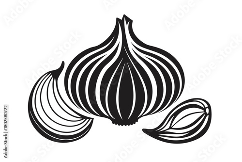 Stylized monochrome garlic bulb and its cloves show simple cooking ingredient illustration