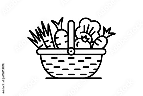 Outline illustration of a basket full of fresh vegetables carrots and tomatoes