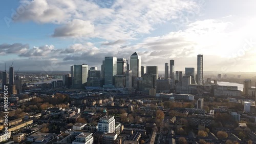 Aerial Cityscape View of Canary Wharf and East London at Dusk