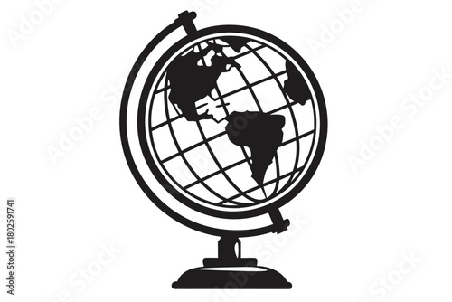 The black silhouette of a world globe displays America, South America, and vertical grid lines