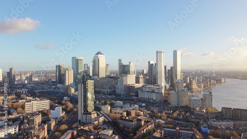 Aerial View Of Canary Wharf And Thames River At Sunrise