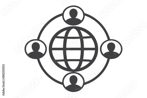 The globe connects the abstract human icons in a circular social network configuration