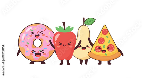 CuteCute food characters (donut, fruit, pizza) laughing and having fun together, kawaii expressions