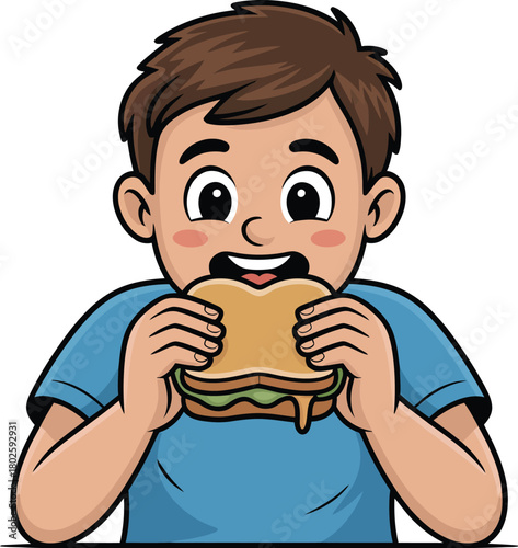 Cartoon boy eating sandwich illustration vector image for kids food concept art