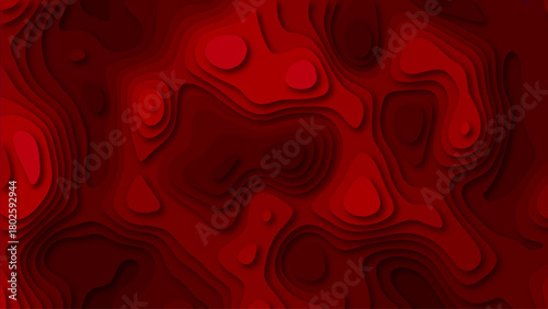 Red Papercut 3D Topographic Background. Layered Paper Art Terrain Waves. Modern Abstract Cutout Landscape Design.