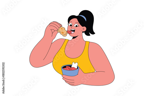 Woman eating chicken wing illustration vector food cartoon character design art