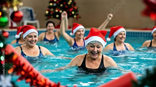 Group of happy women in santa hat doing aqua aerobic in swimming pool for a Christmas water fitness class. Winter holiday activity.