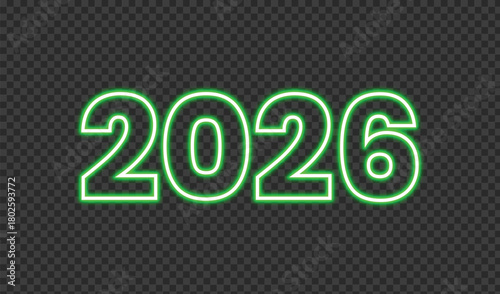 Bright green neon 2026 text glowing on transparent background