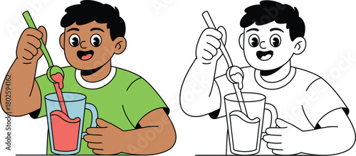 Illustration of boy mixing drink with spoon in glass for beverage concept art