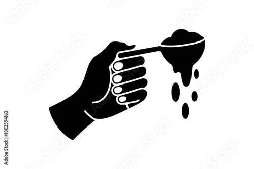 Hand holding spoon with dripping substance illustration black and white vector