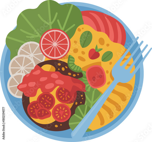Healthy plate of food with salad tomatoes cheese and citrus fruit illustration