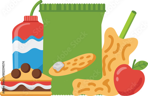 Illustration of junk food including chips cake and drink for unhealthy eating diet