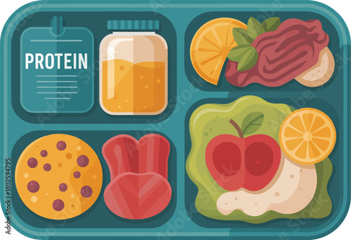 Healthy lunchbox food nutrition balanced diet protein fruits vegetables illustration