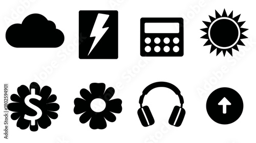 Diverse Collection of Black Silhouette Icons for Web and App UI Design: Weather, Finance, Technology, Nature, and Upload Symbols