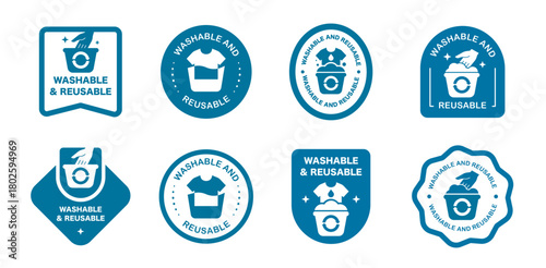 Set of blue washable and reusable icons for eco-friendly products