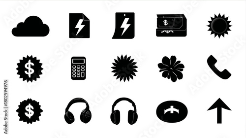 Set of diverse black silhouette icons for web design, app interface, business, technology, and communication, isolated on white background.