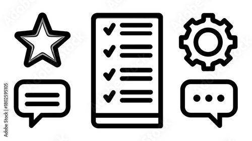 Outline vector icons for feedback, task management, quality review, and settings. Star, checklist, and gear symbols with speech bubbles.