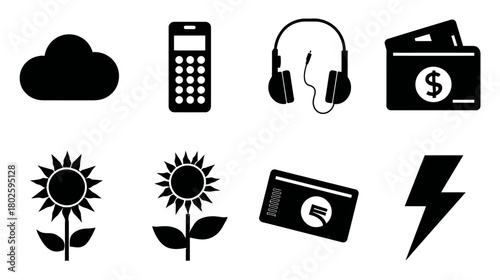 Diverse collection of black silhouette icons: cloud, phone, headphones, wallet, sunflower, credit card, lightning bolt. Technology, finance, and nature symbols.