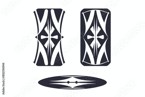 Two decorative dark emblems are presented above a symmetrical oval pattern here