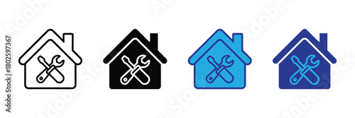 Set of house icons with crossed screwdriver and wrench inside, representing home repair, maintenance, and construction services, isolated on white.
