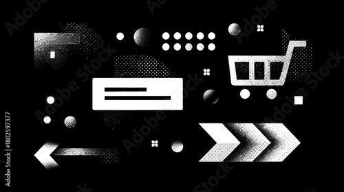 Abstract Digital E-commerce Concept with Shopping Cart, Arrows, and Interface Elements on Black Background. Online Transaction Flow.