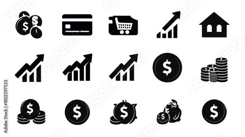 Black Financial Business Icons Set: Money, Investment, Growth, Banking, E-commerce, Real Estate Symbols