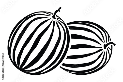 Two fresh watermelons are seen with unique black and white striped patterns