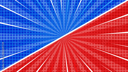 Vibrant Red vs Blue Comic Burst Background with Dynamic Retro Rays, Pop Art Halftone Clash Energy, Explosive Comic Style Sunburst Illustration