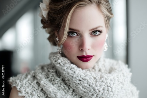 A captivating close-up portrait of a beautiful young woman with striking green eyes and bold red lips, wearing a cozy white chunky knit sweater.