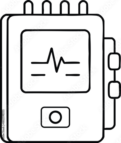 Portable medical device line art showing heartbeat waveform, perfect for health monitoring and medical illustration