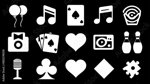 Entertainment and Leisure Icons Set: Party, Music, Card Games, Bowling, DJ, Microphone. White Vector Symbols on Black Background.