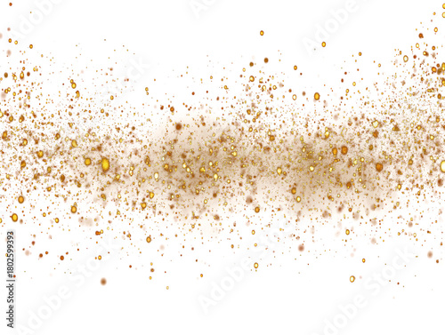 Golden glitter dust with bokeh effect on transparent background ideal for festive banners or digital designs adding sparkle and creating dynamic glamorous shine to the artworks