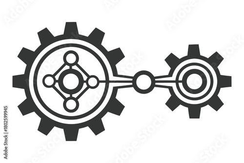 Two linked mechanical gears with circular patterned inlays work together in a monochromatic scheme