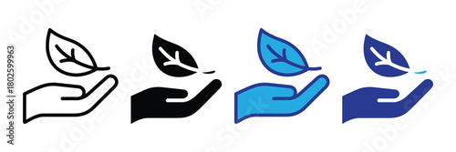Set of four stylized icons depicting a hand holding a green leaf in various graphical styles: outline, solid black, blue, and dark blue, representing nature and sustainability concepts.