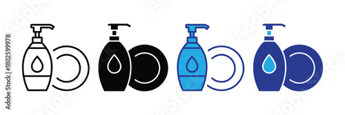 Set of dish soap bottle icons with plate symbol, representing cleaning and hygiene. different styles, including outline, solid black, blue flat design, and dark blue filled icon, all isolated on white