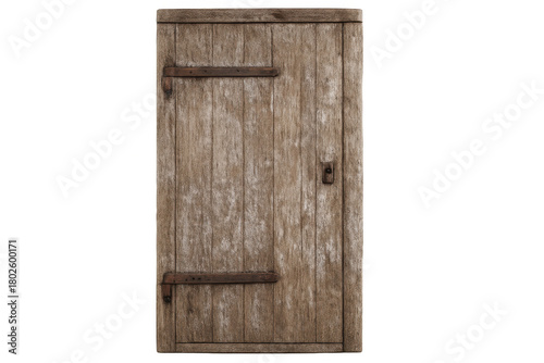 Old rustic wooden door with vintage metal hinges and latch isolated on transparent background