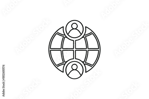 Two minimalist people icons are connected with a black outline globe drawing