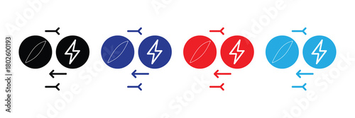 Iconography representing an exchange between two concepts: one oval shape and one lightning bolt, shown in black, blue, red, and cyan color variations with connecting arrows indicating interaction and