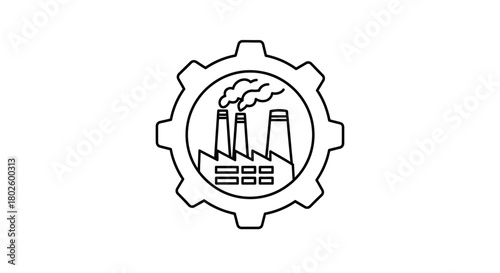A black and white outline drawing of a factory with smoke coming out of its chimneys, enclosed within a gear.