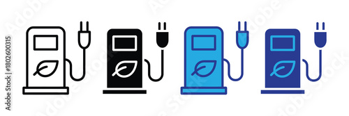 Electric vehicle charging station icons with leaf symbol for eco-friendly energy, showing different styles and colors for sustainable transportation and renewable power solutions