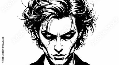 A black and white illustration of a man with dark hair and intense eyes, reminiscent of comic book art.