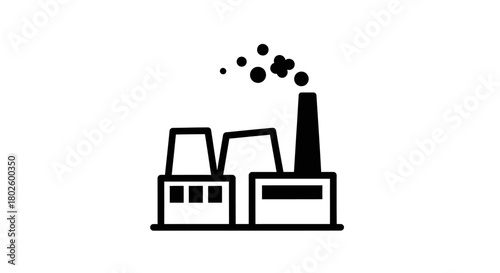 A simple black and white line art icon representing a factory with smoke coming out of its chimney.