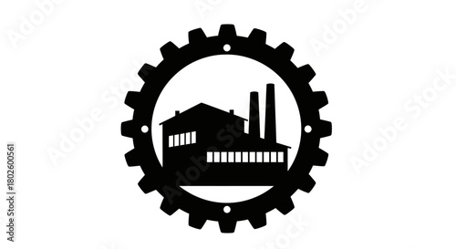 Black and white illustration of a factory inside a gear, symbolizing industry and production.